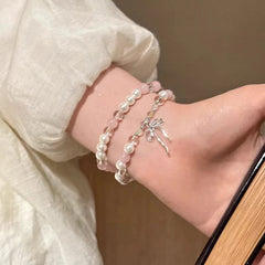 Lunivop Y2k Sweet Korean Cute Pink Beaded Imitation Pearl Bracelet For Women Girl Elegant Charm Bowknot Bow Jewelry Female Party Gifts