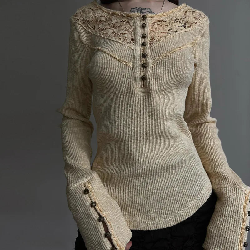 Lunivop Hollow out Crop Tops y2k Aesthetic Round necked Fairy Grunge Women Knitted Button Long Sleeve Slim TShirts Harajuku Tees Clothes