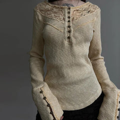 Lunivop Hollow out Crop Tops y2k Aesthetic Round necked Fairy Grunge Women Knitted Button Long Sleeve Slim TShirts Harajuku Tees Clothes