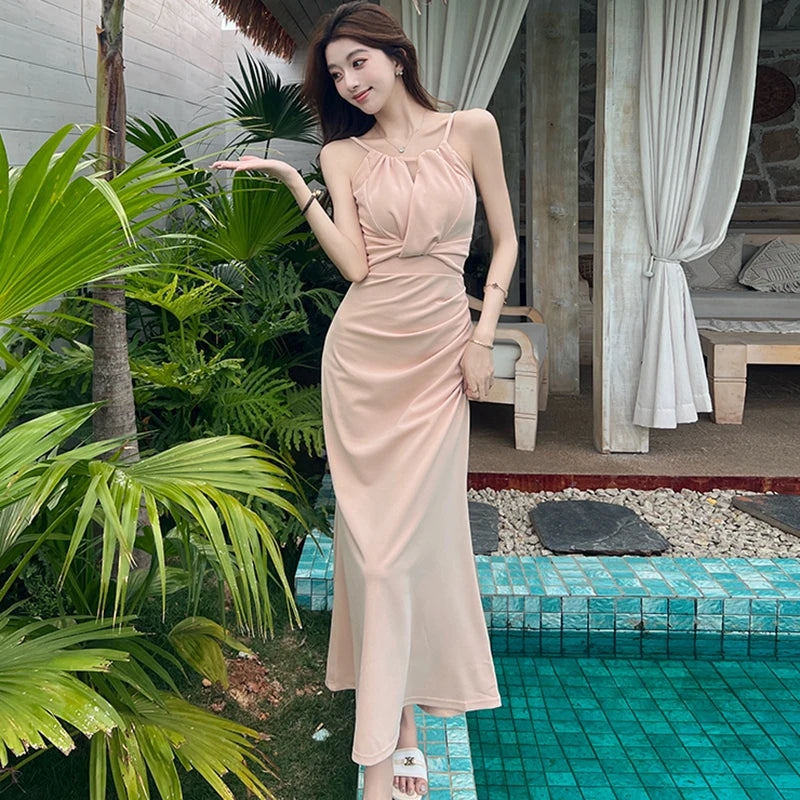 Lunivop  New Pink Pleated Bodycon Sling Sexy Long Dress Women Korean Vintage Luxury Dress Summer Elegant Festival Party Night Dress