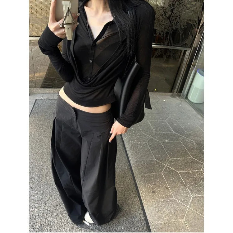 Lunivop  Y2k Fake Two Piece V-neck All-match Shirts Women See Through Mesh Black Blusas Mujer 2025 Spring New Bottoming T-shirts