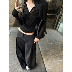 Lunivop  Y2k Fake Two Piece V-neck All-match Shirts Women See Through Mesh Black Blusas Mujer 2025 Spring New Bottoming T-shirts
