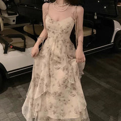 Lunivop Elegant Floral Chiffon Midi Dresses for Women Holiday Long Dress Sleeveless Vintage Dress Fairy Slim Party Casual