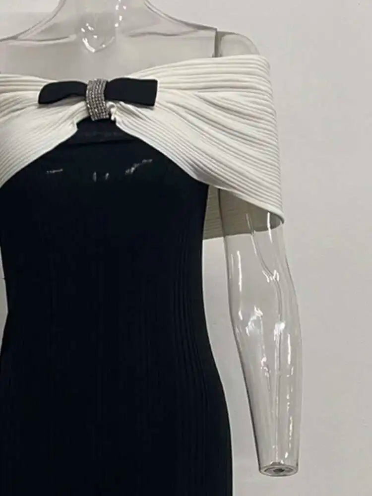 Lunivop Women's French Elegant Knit Strap Dresses Spliced Contrast High Waist Sliming Banquet Dress 2025 Fashion Clothing