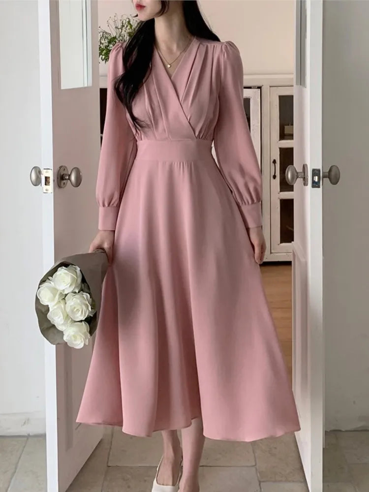Lunivop  Korean Solid Midi Dresses for Women Fashion V-neck Long Sleeve A-line Solid Casual Dress Office Lady Clothing Autumn New
