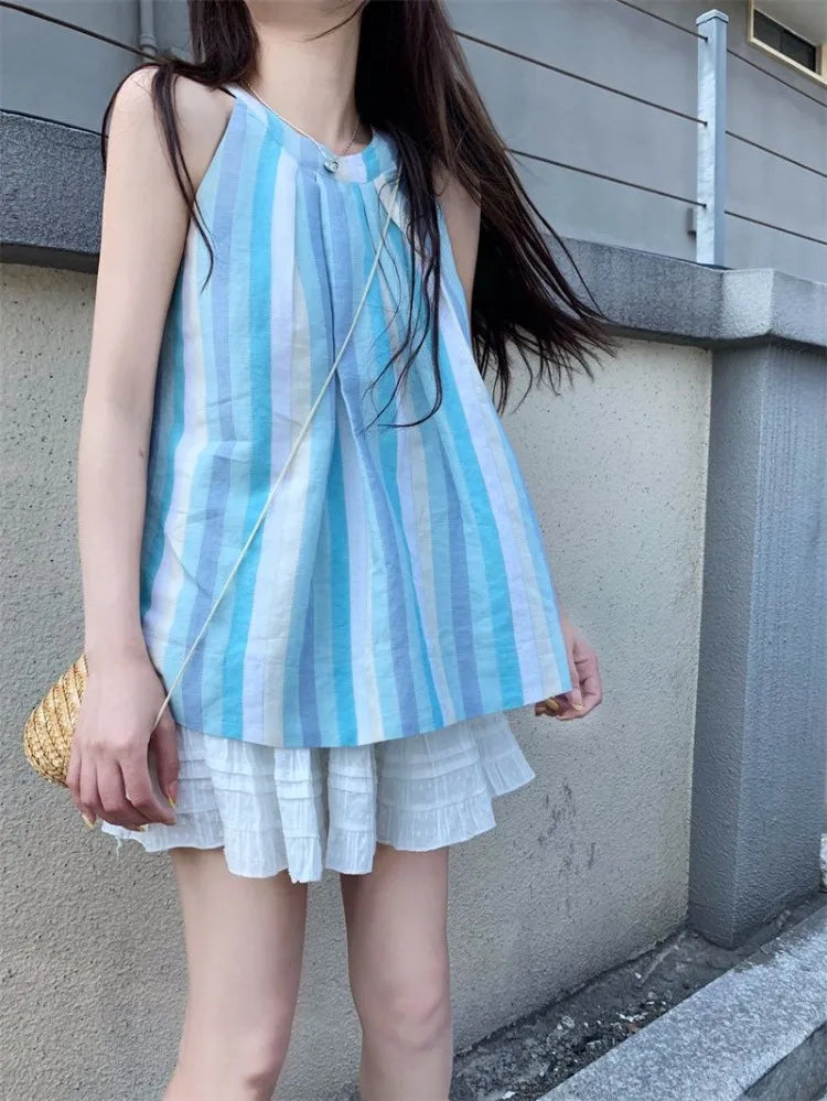 Lunivop  Woman Camis Striped Summer Fashion 2025 Sweet O Neck French Style Chic Loose Tank Tops Female Casual Sleeveless Top