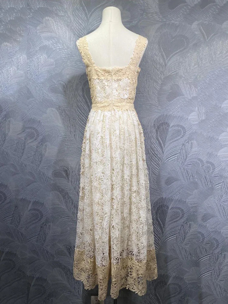 Lunivop  2025 Spring New Strapless Suspender Lace Color Blocked Water-soluble Waist Cinched Mid Length Dress French Women
