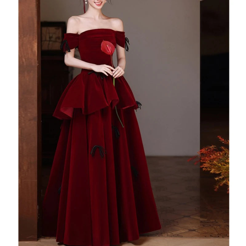 Lunivop  Winter Fashion Velvet Wedding Party Dress Sweet Elegant Slash Neck Bow Appliques Pleated Gown Slim Waist Vestidos
