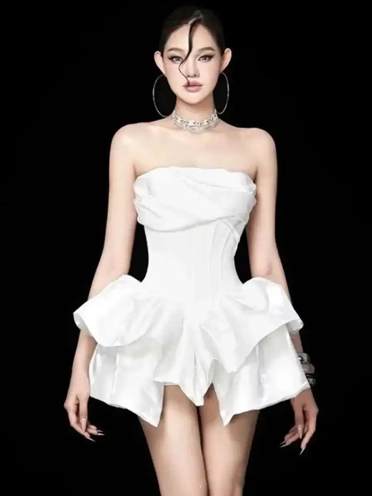 Lunivop Women's Fashion Dress Chest Wrapping Folds Waist Retraction Fishbone Slim Asymmetric Dresses Spring 2025 New Tide