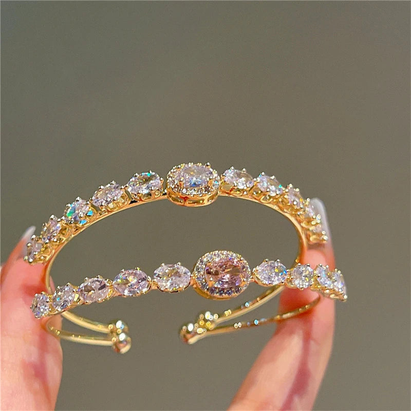 Lunivop Luxurious Shiny Zircon Copper Gold-plated Open Bracelets for Women New Fashion Full of Rhinestone Wedding Party Bangles Jewelry