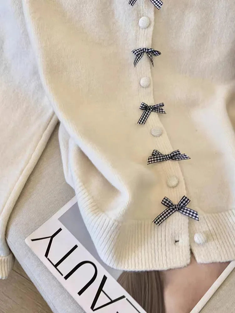 Lunivop Cute Bow Women Cardigan Long Sleeve Lazy Wind Sweet Knitted Sweater Casual Loose Preppy Style Vintage Lady O Neck Fall Tops