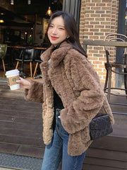 Lunivop Faux Lamb Vintage Coat Women Long Sleeve Winter Warm Sweet Jacket Korean Casual Female Pockets Solid Slim Retro Outwear Top