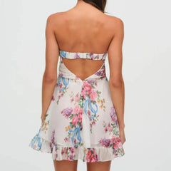 Lunivop  Floral Print Strapless Mini Chiffon Dress Women Ruffles Hem Party Irregular Frilled Elastic Bandage Backless Holiday Dress