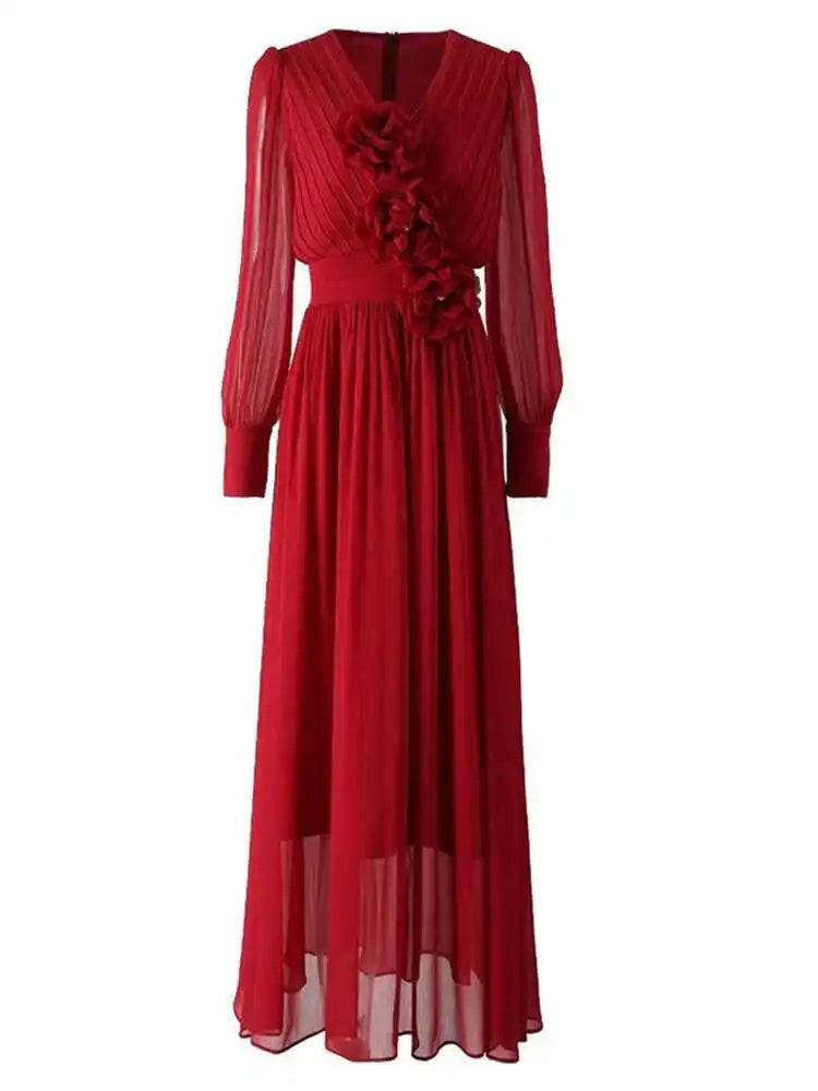Lunivop solid 3D flowers folds women's dresses round neck long sleeve high waist elegant dress female autumn 2025 new
