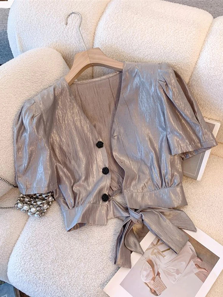 Lunivop  Cropped Sexy Slim Satin Shirt Women Vintage Back Bow Lace Up Puffy Sleeve Blouse Korean Fashion V Neck Elegant Short Tops