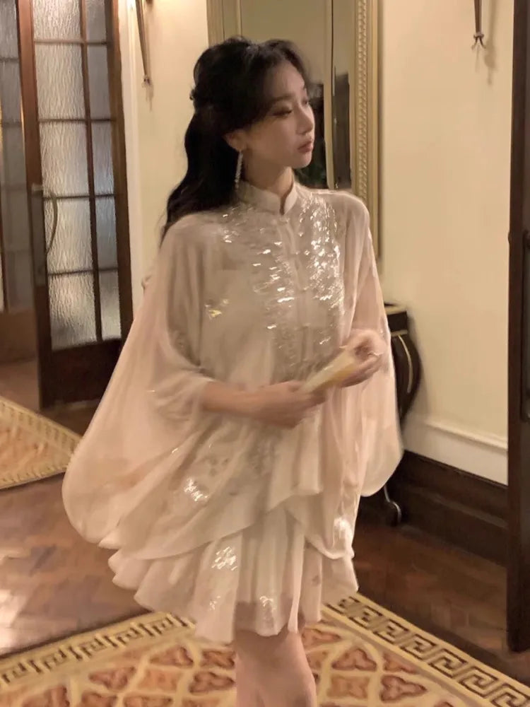 Lunivop  Fashion British Style Mermaid Dress 2 Piece Set Korean Luxury Sequin Cloak Pleated Skirt Suit Summer Women Party Clothes Outfits