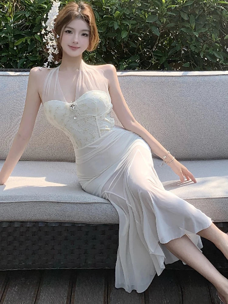 Lunivop  Summer White Mesh Patchwork Ruffled Mermaid Dress Women Elegant Diamonds Neck-mounted Sexy Dress 2025 Korean Luxury Party Dress