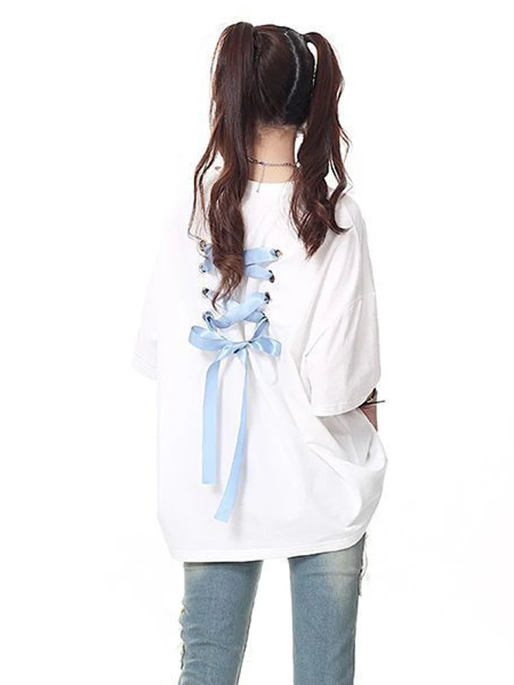 Lunivop Back Bow Y2K T Shirt Women Pure Cotton Streetwear Short Sleeve Tees American Retro Loose O Neck Casual Harajuku Female Tops
