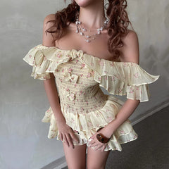 Lunivop  American Sweet Bow Slim Waist Cake Dress for Women New Flying Sleeve Floral Dresses Summer All-match Vestido Feminino