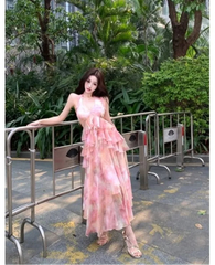 Lunivop  Dresses Women Ruffles Patchwork Sleeveless Halter Tie Dye Slim Summer Fashion Elegant Temperament Dress Party Holiday