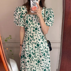 Lunivop  Elegant Chic Square Collar Floral Tie Waist Slimming Bubble Sleeve Mid-Length Dress Women's Fashion Commute Style Short Sleeve