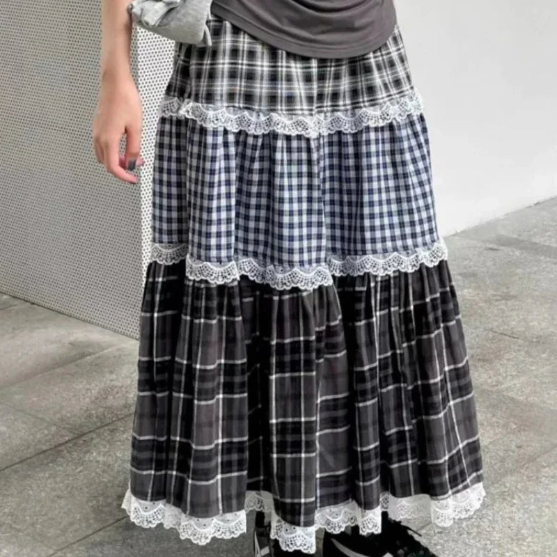 Lunivop Vintage Harajuku Lace Plaid Skirt Women Preppy Style Long Skirts Autumn Winter Streetwear Retro A-line Ruffle Skirts