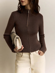 Lunivop  Zipper Slim Fit Stand Collar High Waist Trendy Long Sleeve Tops Spring New Women Clothing Knitted Tops Solid Color