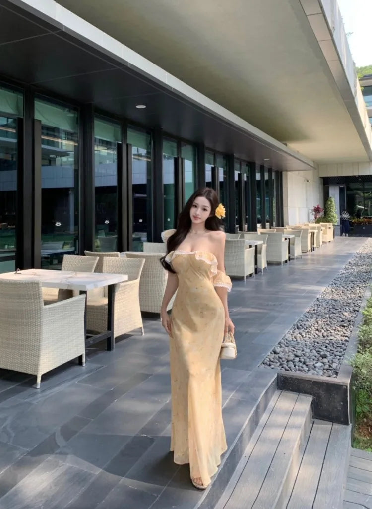 Lunivop  Woman Dress Lace Patchwork Ruffles Off Shoulder Summer Fashion French Style Chic Elegant Party Dresses Female Casual
