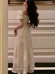 Lunivop  Puff Sleeve Evening Party Dress for Women Summer New Elegant Chinese Style Square Collar Lace-up A-line Long Vestidos Mujer