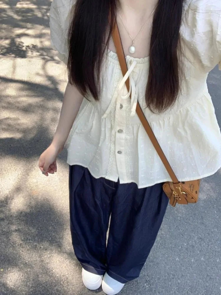 Lunivop  Elegant Sweet Lace Square Collar Blouses Y2k E-Girl Single Breaste Shirts Women 2025 Summer New Puff Sleeve  Blusas Mujer
