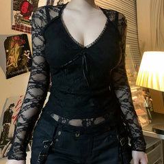 Lunivop  Women's Gothic Solid Color Lace Tops Long Sleeve Sexy V Neck Tie-up Front Slim Fit T-Shirts Blouses Club Streetwear