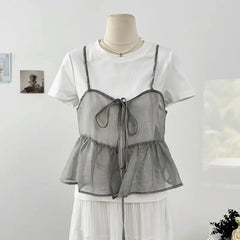 Lunivop  Korea Chic Bow Lace Up Layering Ropa Mujer Ruffles Two Wear All-match Shirts Short Slim Exquisite Literary Simple Blusas