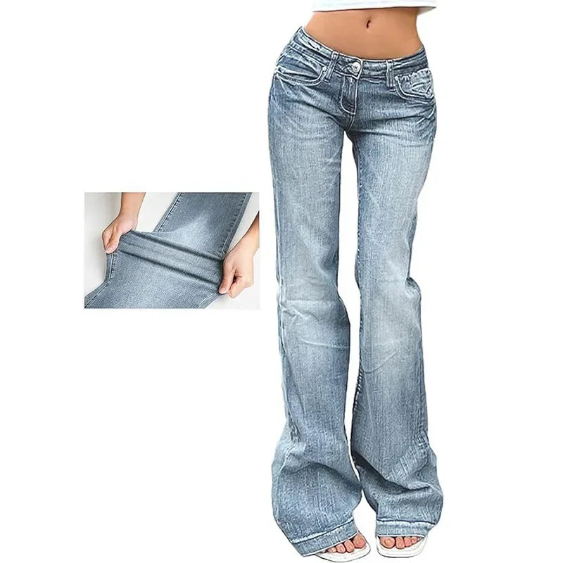 Lunivop  Y2K Vintage Flare Jeans for Women Sexy Low Rise Slim Fit Stretch Washed Denim Pants Harajuku Streetwear Wide Leg Jean Trousers