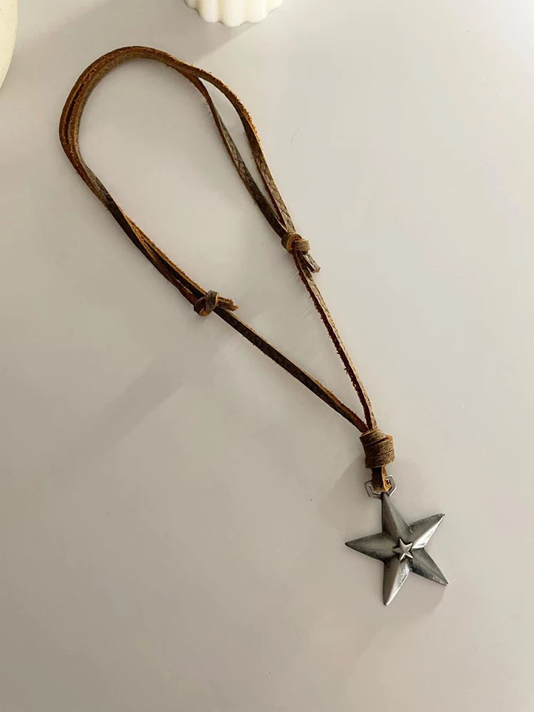 Lunivop Retro Leather Rope Punk Star Pendant Long Necklace Female Niche Design Personality Adjustable Drawstring Accessories JewelryTide