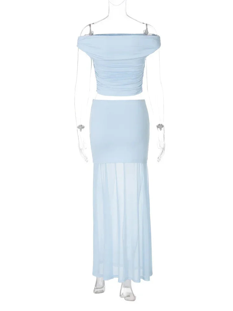 Lunivop   Mesh Patchwork Sheer Maxi Skirts Suit Women Summer Sexy Off Shoulder Slim Tops Two Piece Sets Chic Lady Elegant Long Dress 2025