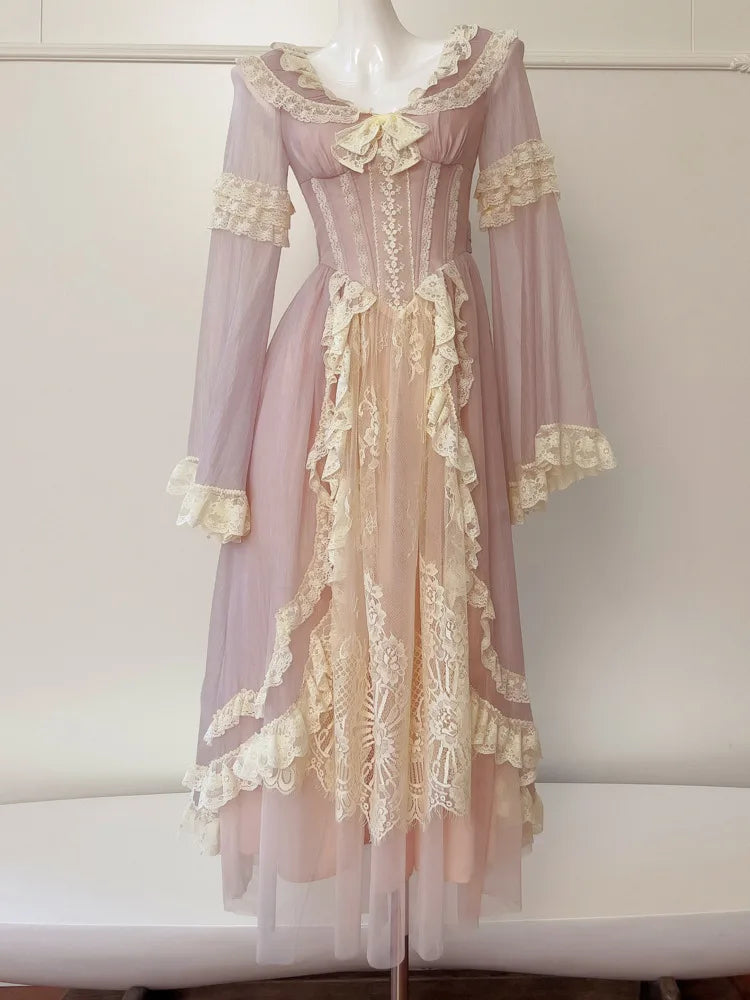 Lunivop New Peter Pan Collar Women Butterfly Sleeve Dresses 2025 Spring Fashion Lace Patchwork Bow Embroidery Dress Female