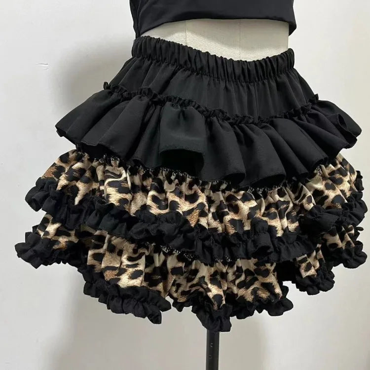 Lunivop  Y2k Leopard Print Gothic Punk Skirt for Women Ruched Ruffles Patchwork Cake Skirts 2025 Summer New Dark Academia Clothes
