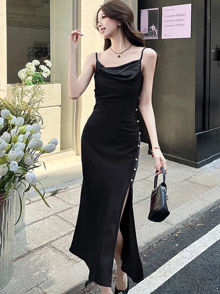 Lunivop  Summer Red Satin Elegant Sling Long Dress Women Fashion Chic Beading Slit Dresses 2025 Korean Vintage Luxury Party Evening Dress