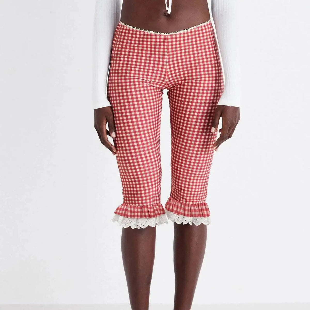 Lunivop  Lace Trim fashion Leggings For Women Y2K Plaid Low Waist Knee Length Crop Pants Summer Cute Going Out Tights Pants Fashion