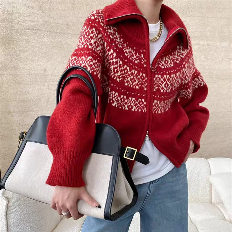 Lunivop Women Fair Isle Sweater Zipper Front Collared Zip-up Sweater Knit Jacket Cozy Knitwear Teen-girl Fall Winter Vintage Outfit