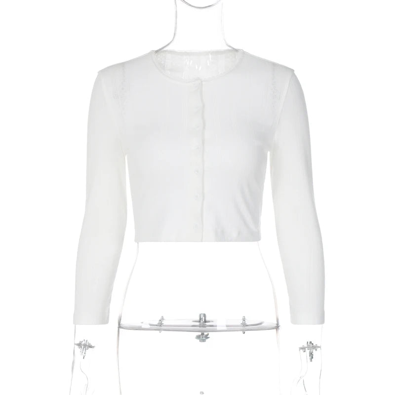 Lunivop Solid Lace Long Sleeve Button High Waist Crop Top Tank T Shirt Autumn Winter Y2K Casual Trip Women Clothing