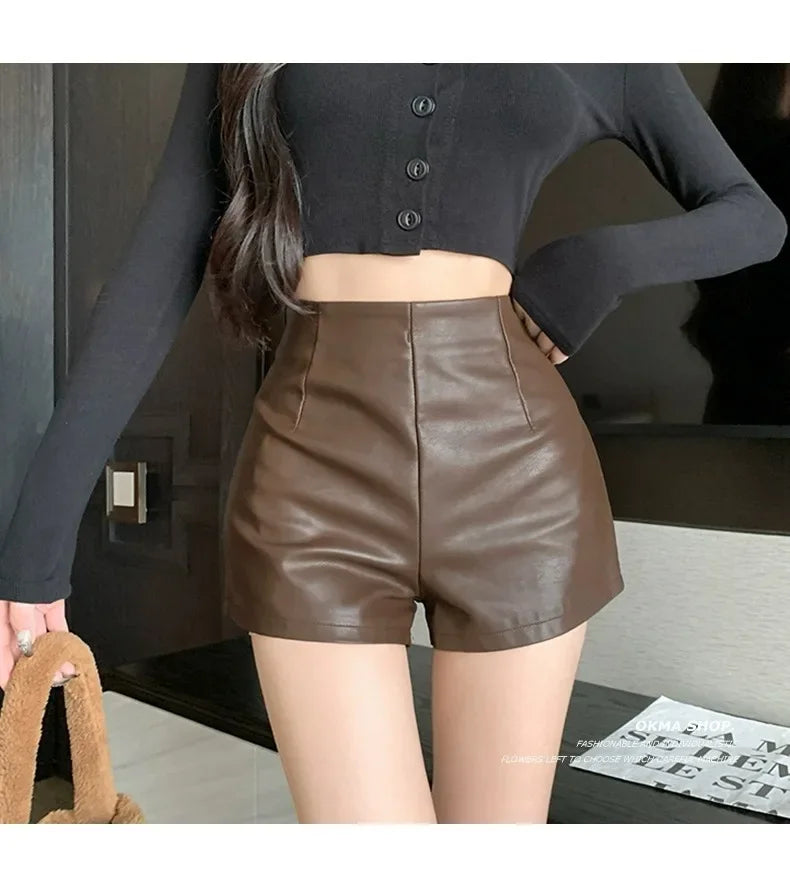Lunivop Women's New Autumn Black Leather Shorts High-waisted Slimming Tight A- line Casual Pants For Smooth Slimmed Silhouette