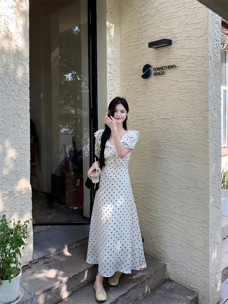 Lunivop  Woman Dress Polka Dot Puff Short Sleeve Ruffles Bandage V Neck Temperament Sweet Dresses Elegant Female Fashion