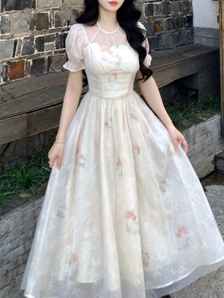 Lunivop  Soft Temperament Slimming Waist Floral Print Long Dresses 2025 Fairycore Princess Sleeves O-Neck Dress Damen kleider Summer New