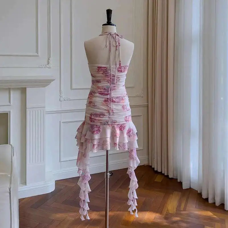 Lunivop New Floral Ruffle 3D Flower Decoration Cute Women Dress Halter Neck Backless Sleeveless Short Dresses Female