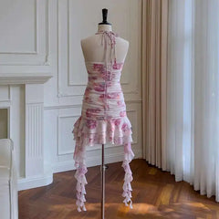 Lunivop New Floral Ruffle 3D Flower Decoration Cute Women Dress Halter Neck Backless Sleeveless Short Dresses Female