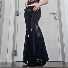 Lunivop Goth Mall Flare Pants Sexy Black Lace Patchwork High Waist Vintage Harajuku Hippie Punk Grunge Streetwear  Y2k Pants