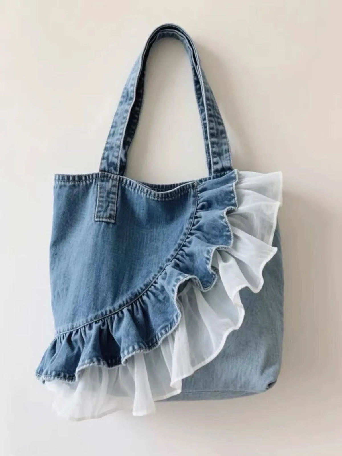 Lunivop  Washed Denim Double-layer Lace Shoulder Bags New Fashionable Commuting Women's Tote Bag