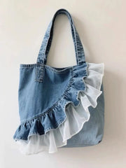 Lunivop  Washed Denim Double-layer Lace Shoulder Bags New Fashionable Commuting Women's Tote Bag