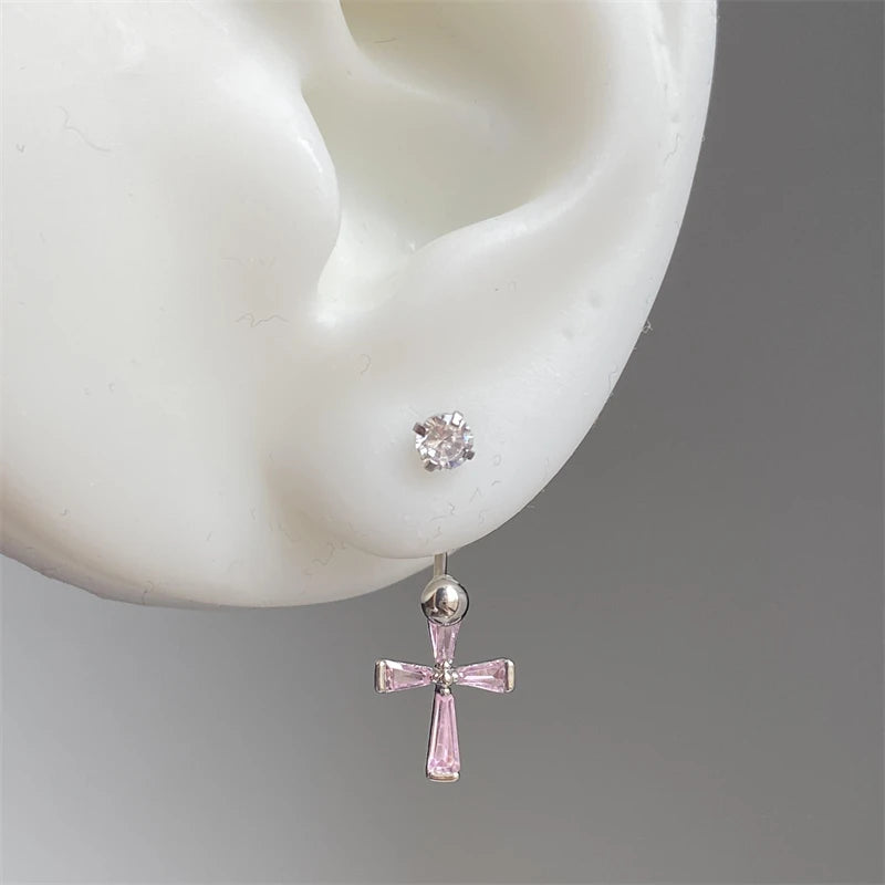 Lunivop 1PCS Pink Zircon Cross 316L Stainless Steel Annular Ear Bone Nail New Fashion U-shaped Earrings for Women Y2K Punk Jewelry